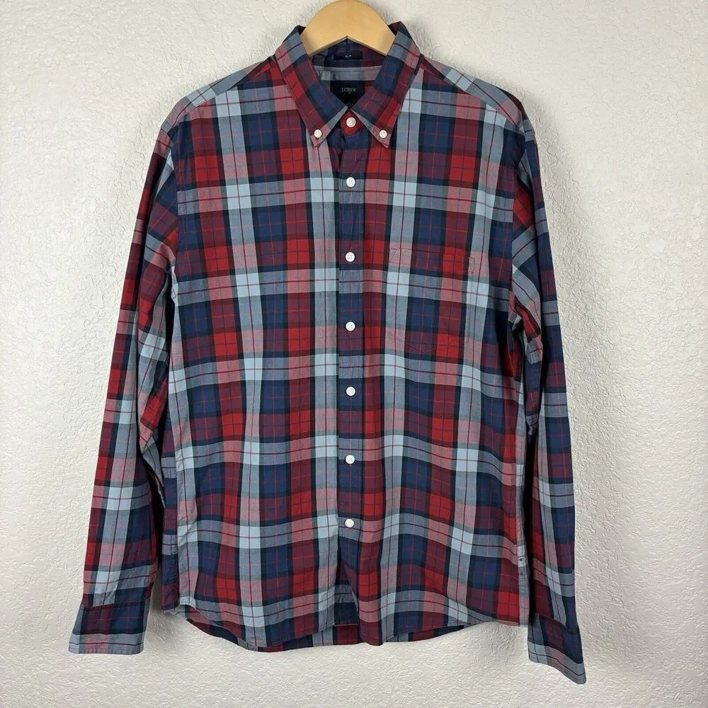 J Crew Red Blue Plaid Men’s Button Up Shirt Size Large Slim Business Preppy Work
